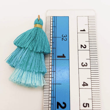 Blue Small Cotton Tassels in Three Layers With Gold Colour Brass Loop Ring, Tassel Charms x 5